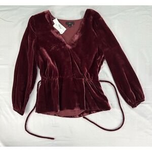 J.Crew Burgundy Velvet Wrap Top V-Neck Tie Waist Long Sleeve Womens Size 4 NWT